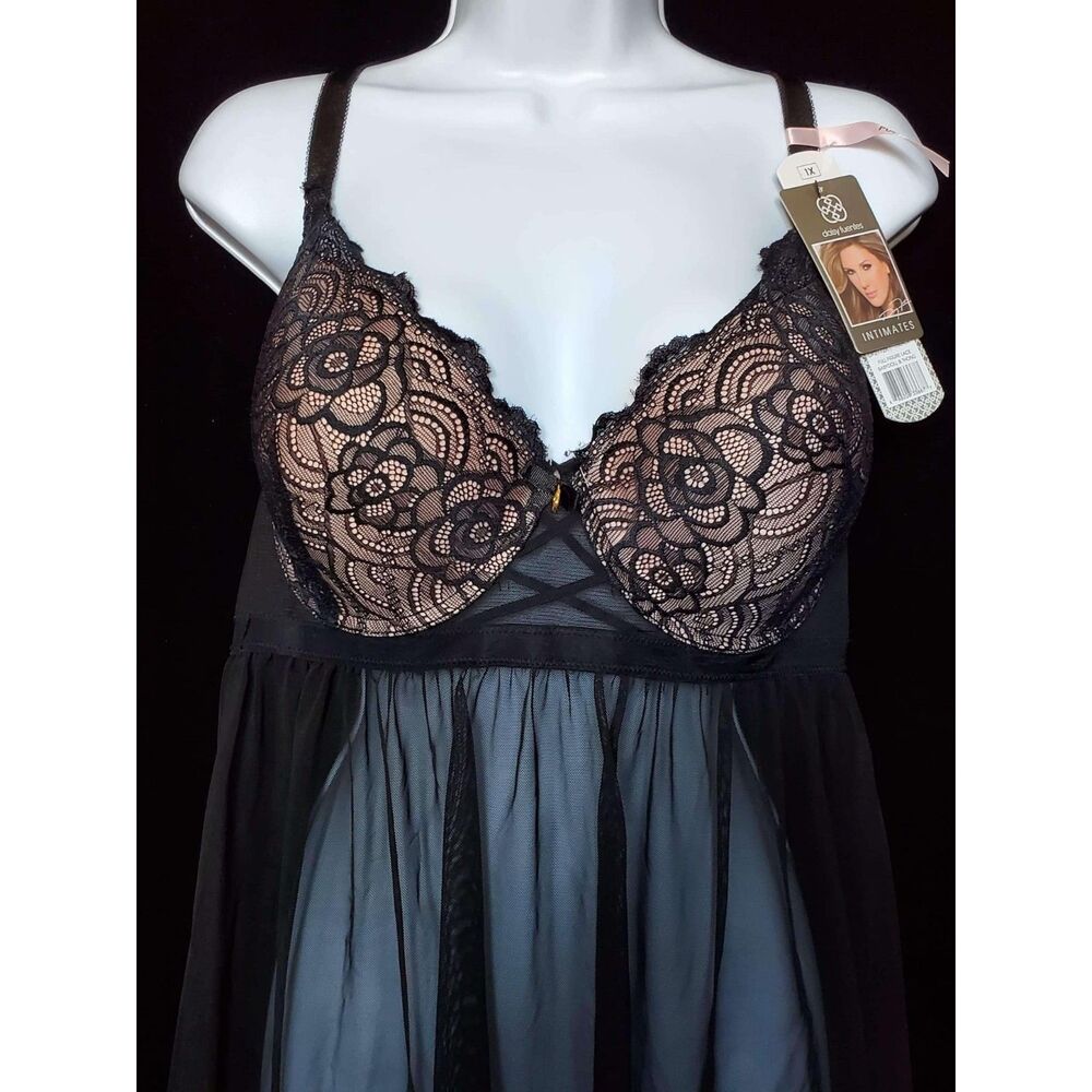 NWT Daisy Fuentes Black Lace Longline Babydoll, Valentine, Size L